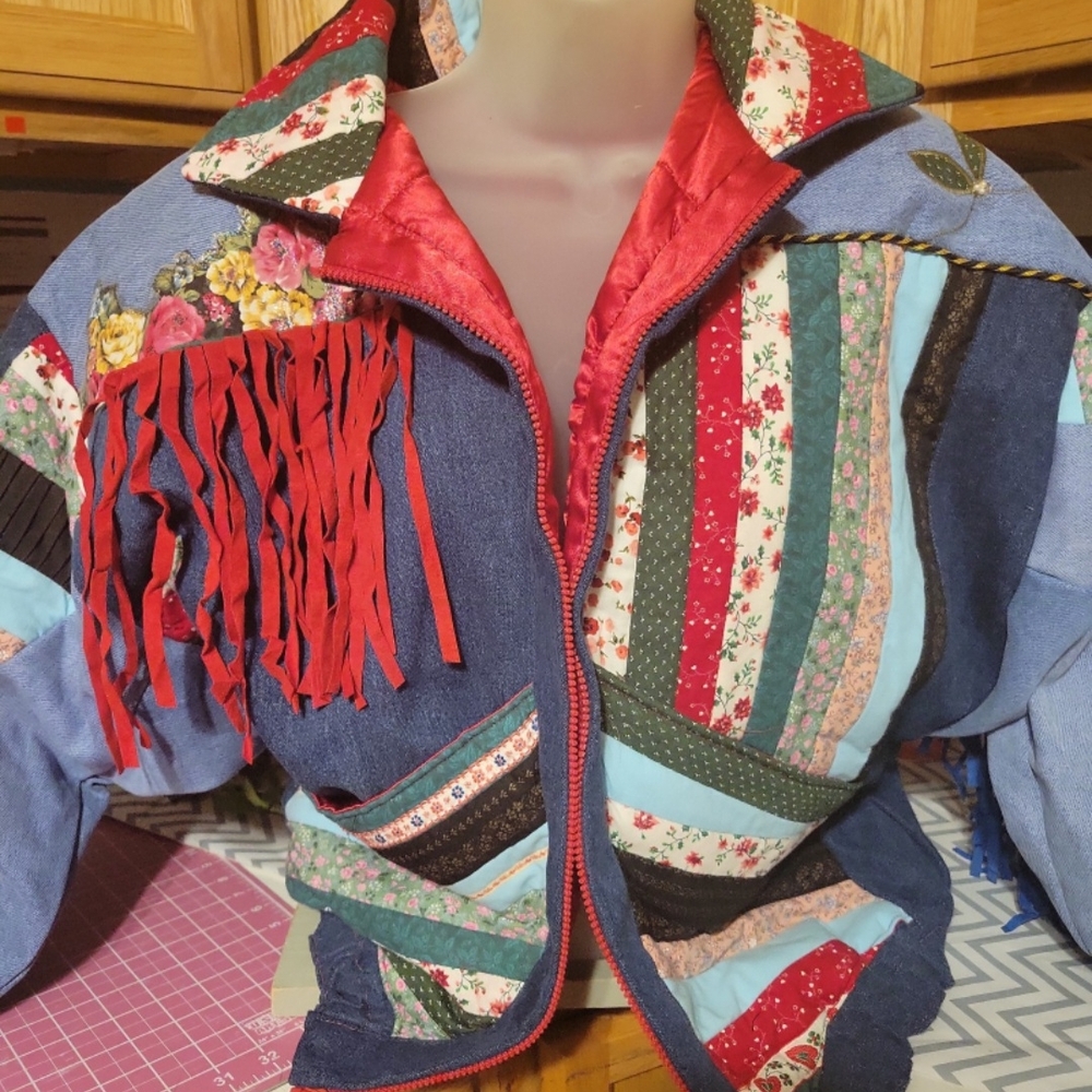 Patchwork Denim Jacket With Red Accents - image 1